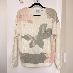Vintage Shenanigans Knit Pink Gray Cream Floral Sweater Medium